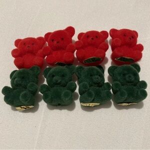 Vintage Mini Flocked Teddy Bears Lot of 8 Christmas Red Green Dollhouse Crafts